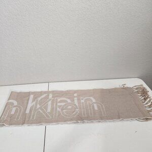 Calvin Klein Women's Signature Logo Fringe Scarf Reversible Beige Ivory